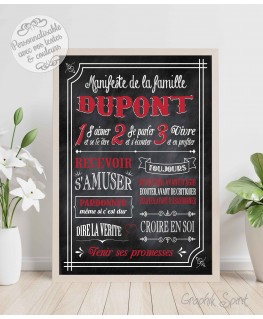 Tableau Manifeste de la famille personnalisé - Ardoise version blanc et rouge